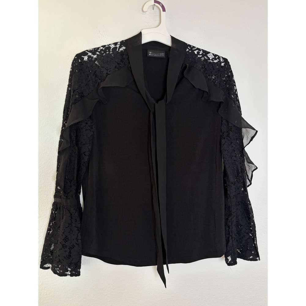 7th Avenue New York & Company Black Lace Ruffle Tie Neck Bell Sleeve Blouse S
